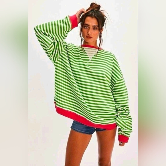Free People We the Free Classic Striped Crewneck Sweatshirt Oversized Green Pink - Picture 1 of 9